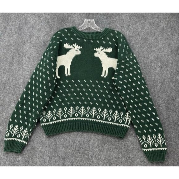 Driving Force Green Knit Sweater Fair Isle Moose Women’s L Cottagecore Country - Picture 1 of 10